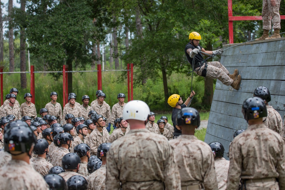 Marine recruits descend Parris Island tower, develop rappelling skills