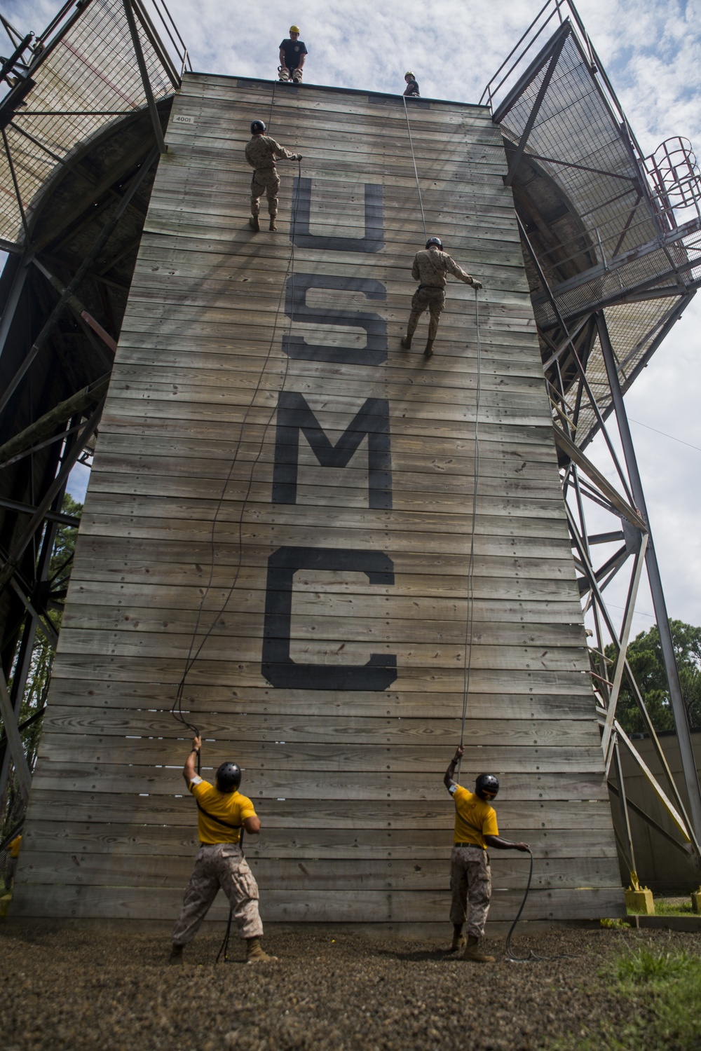 Marine recruits descend Parris Island tower, develop rappelling skills