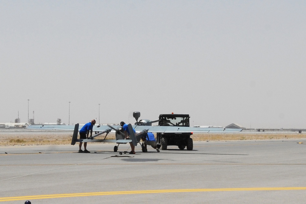 UAV MQ-5B Hunter launch and recovery at Kandahar Airfield