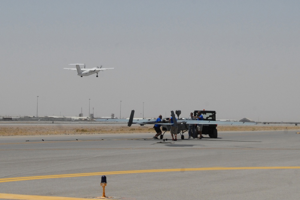 UAV MQ-5B Hunter launch and recovery at Kandahar Airfield