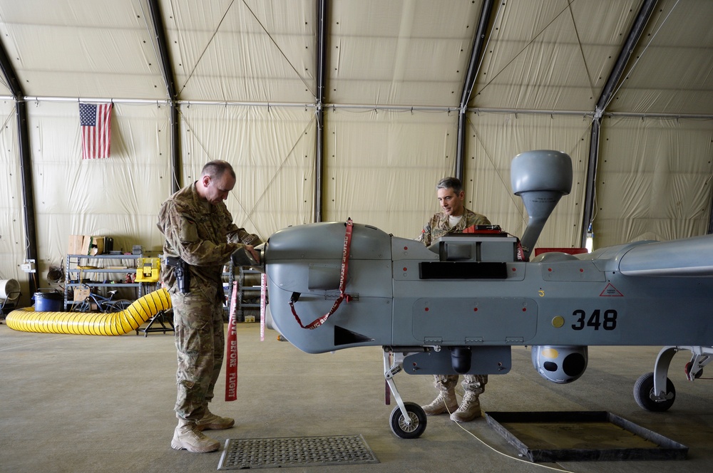 UAV MQ-5B Hunter launch and recovery at Kandahar Airfield