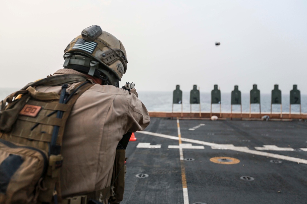 U.S. Marines sharpen marksmanship skills aboard the USS Anchorage