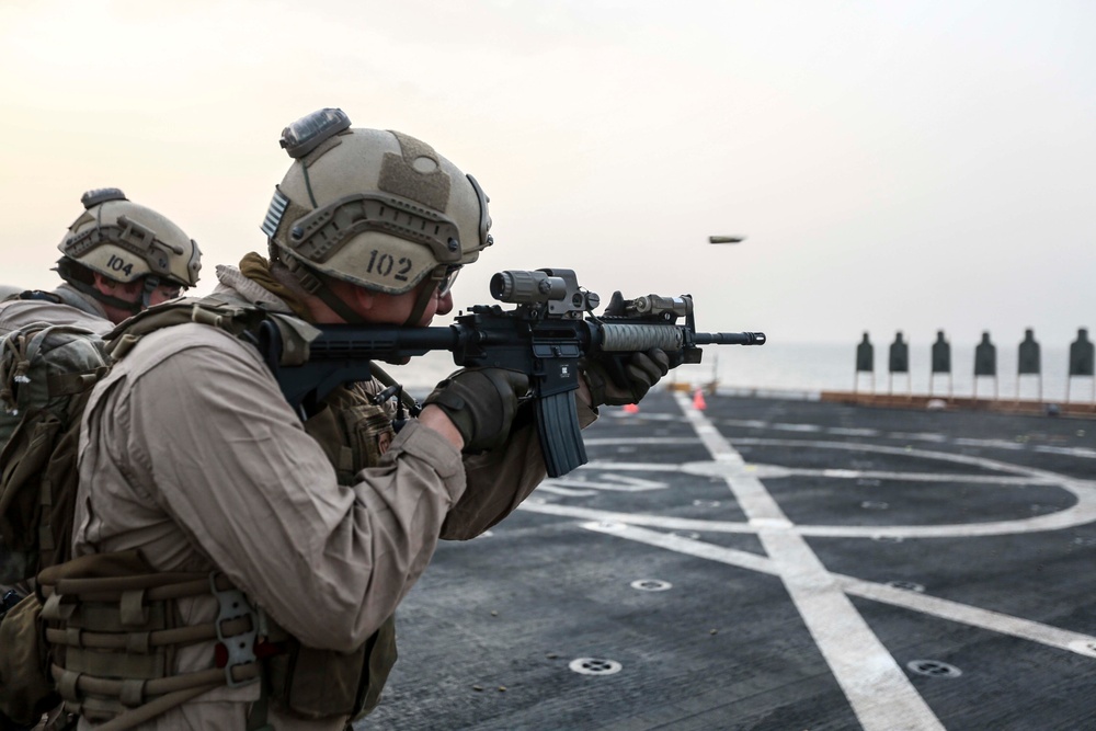 U.S. Marines sharpen marksmanship skills aboard the USS Anchorage