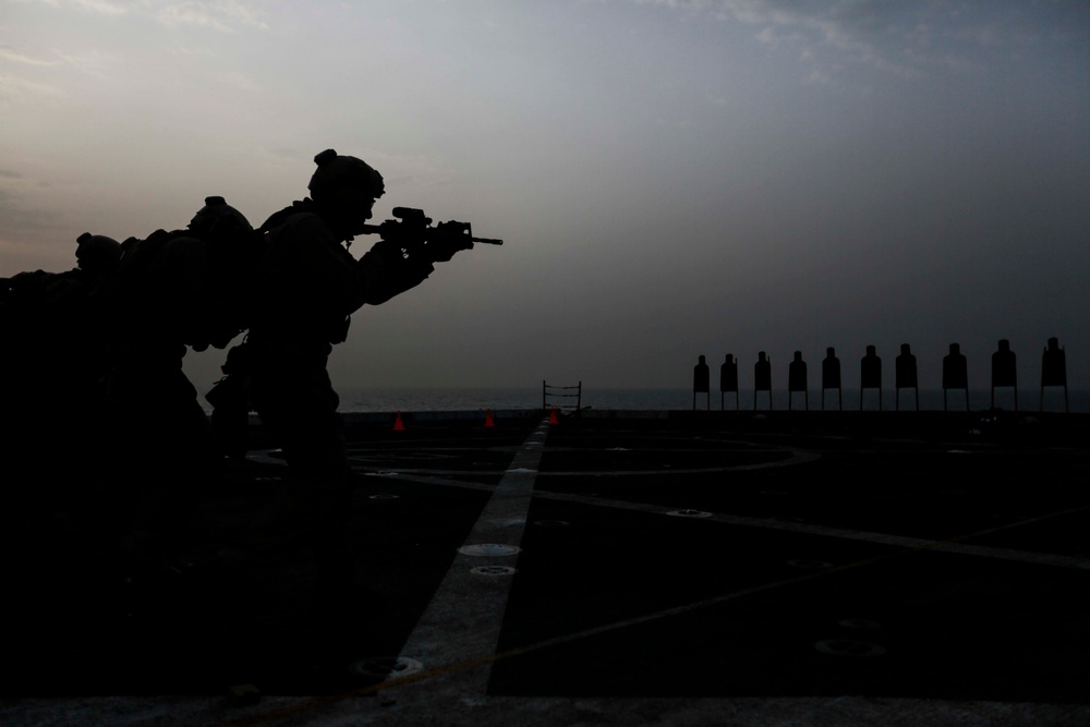 U.S. Marines sharpen marksmanship skills aboard the USS Anchorage