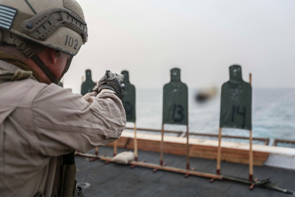 U.S. Marines sharpen marksmanship skills aboard the USS Anchorage