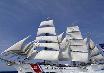 Coast Guard Cutter Eagle navigates along the Atlantic Ocean under full sail