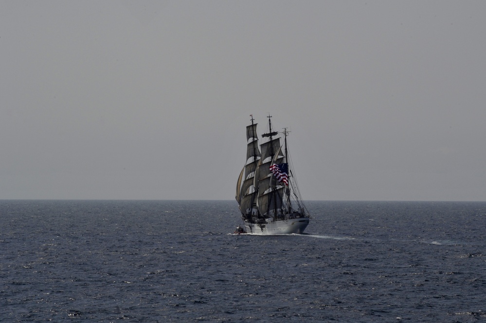 Coast Guard Cutter Eagle navigates along the Atlantic Ocean under full sail