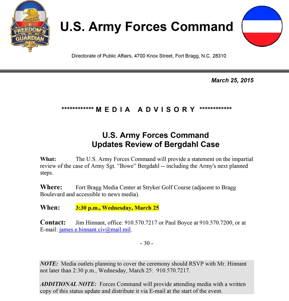 U.S. Army Forces Command Updates Review of Bergdahl Case