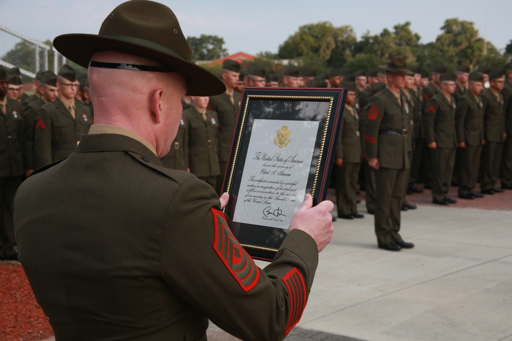 Flag Ceremony honoring the memory of retired U.S. Marine Gunnery Sgt. Clark S. Barnum