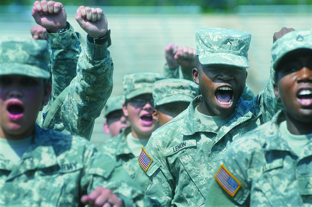 Soldiers perform drill and ceremony movements