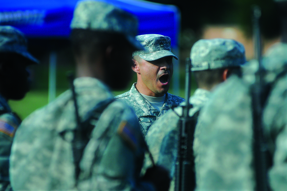 An NCO barks orders during Fort Lee drill and ceremony competition