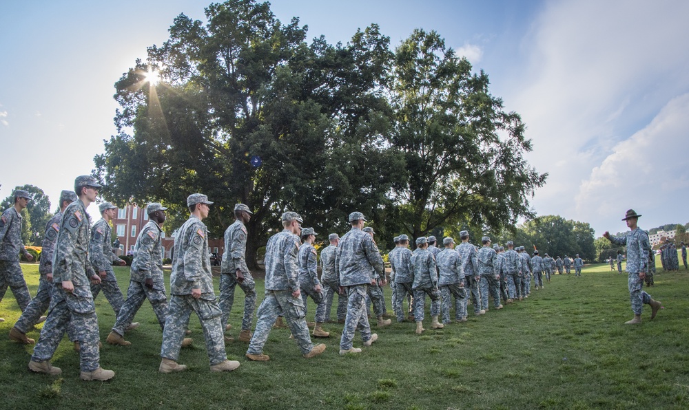 98th Division drill sergeant marches a formation