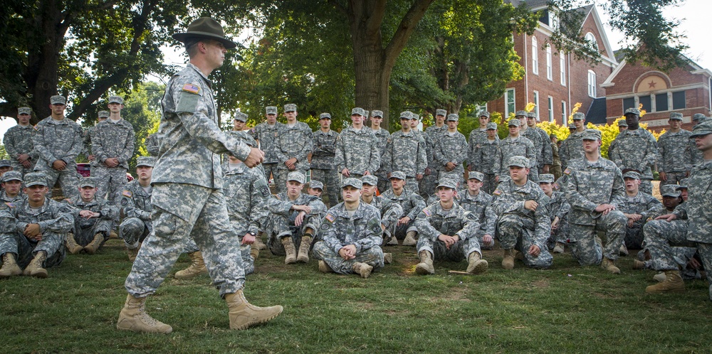 Drill sergeant with Clemson ROTC cadets