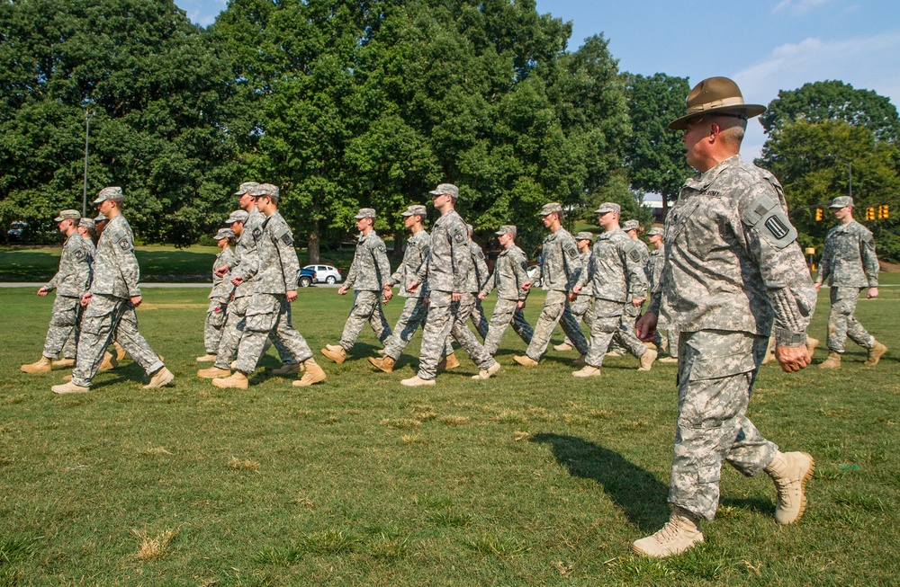 98th Division drill sergeant marches a formation of cadets