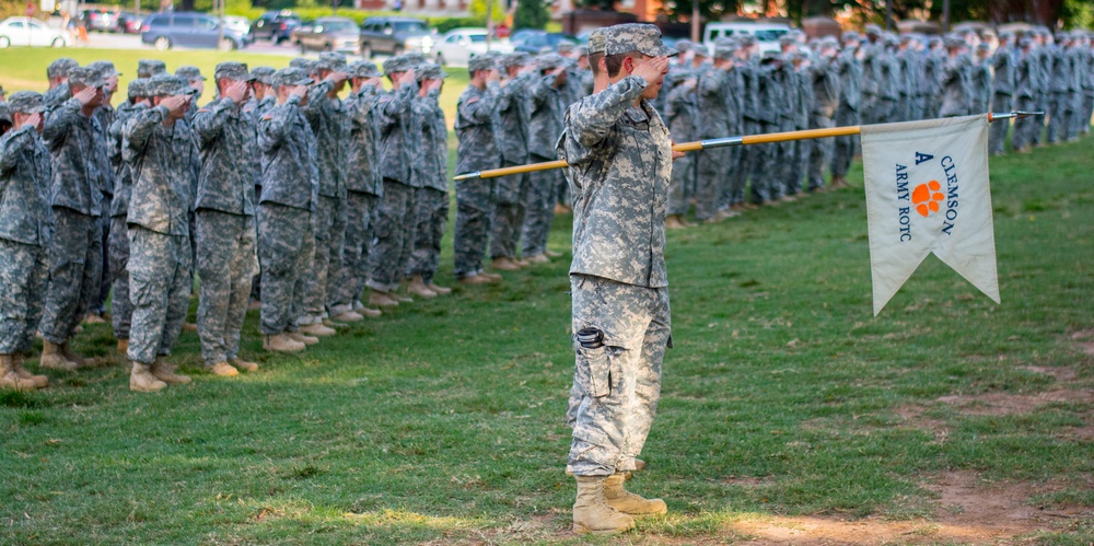 Clemson ROTC cadets salute at Retreat