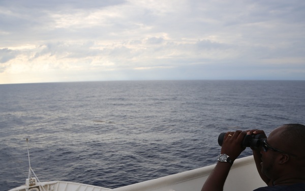 A man stands on the upper deck of a large vessel, using binoculars to scan the open ocean ahead. The ship's bow is visible below, and the sea stretches to the horizon under a partly cloudy sky. The scene suggests maritime observation, possibly navigation watch or wildlife/search monitoring.