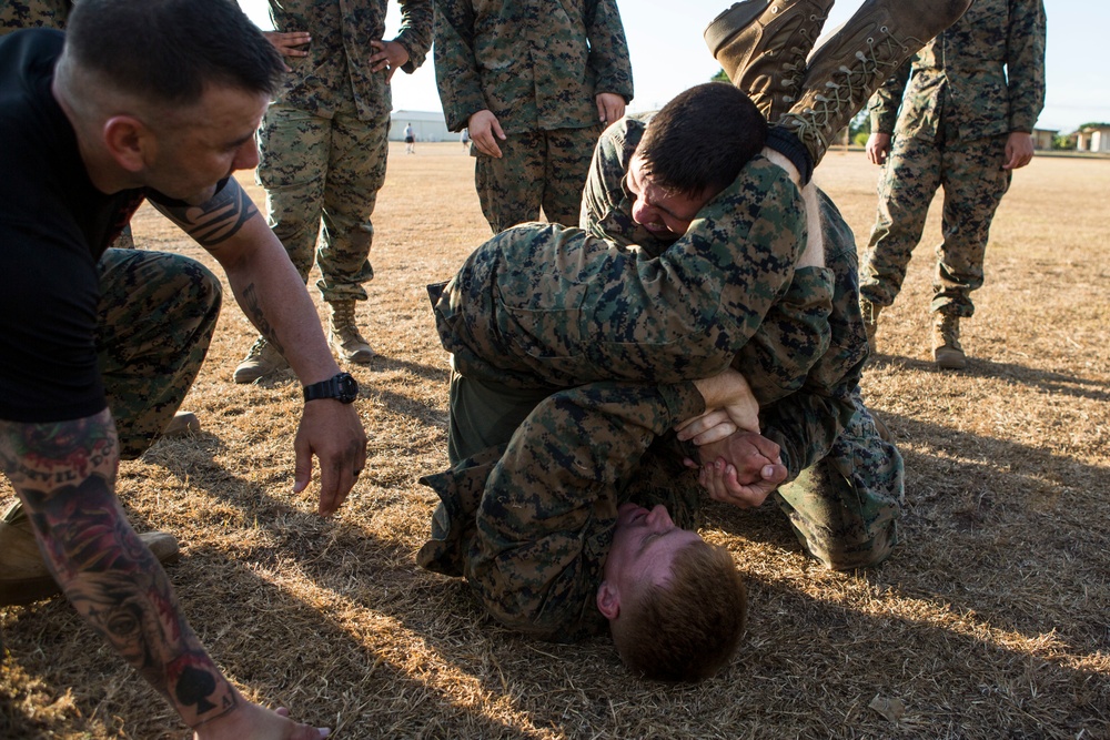 US Marines with SPMAGTF-SC take part in a MCMAP brown belt course