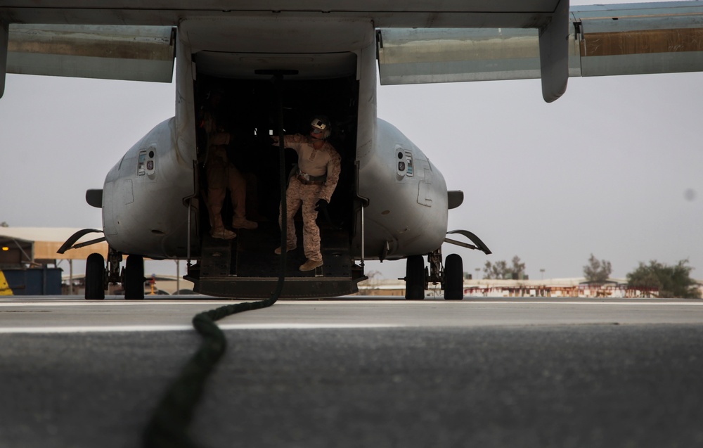 U.S. Marines fast rope from MV-22s in Southwest Asia