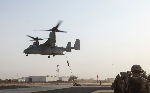 U.S. Marines fast rope from MV-22s in Southwest Asia