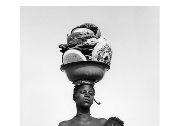 Woman with Child Carrying Cookware on Head