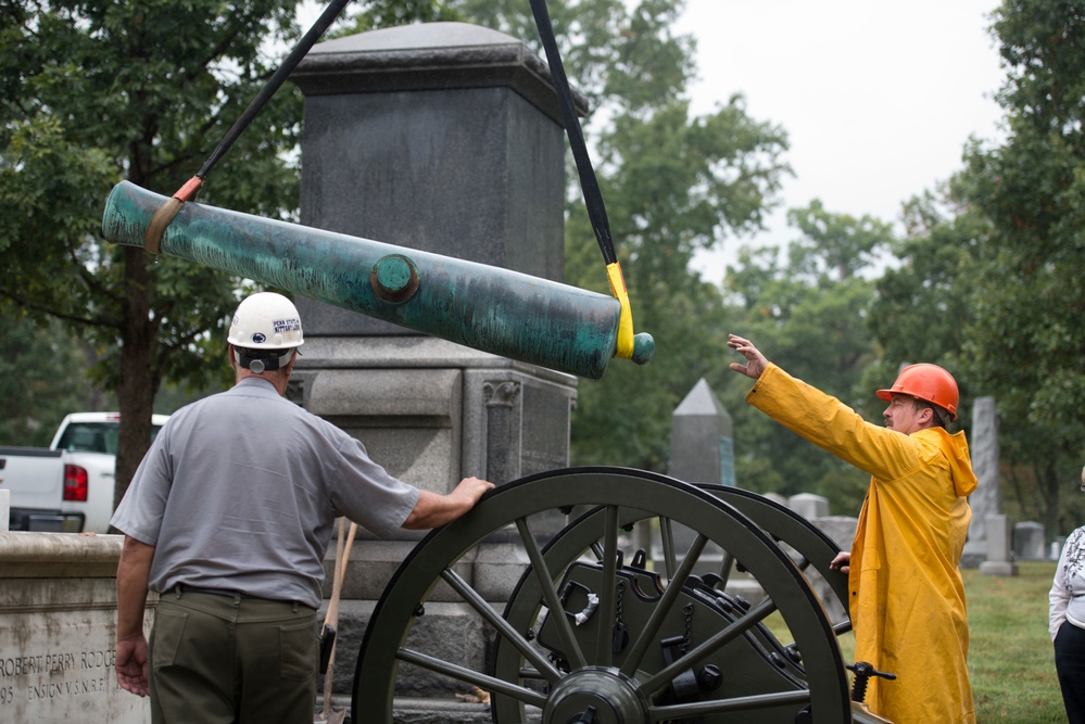 Cannon and carriage reinstalled at the gravesite of Maj. Gen. Wallace Fitz Randolph in Arlington National Cemetery