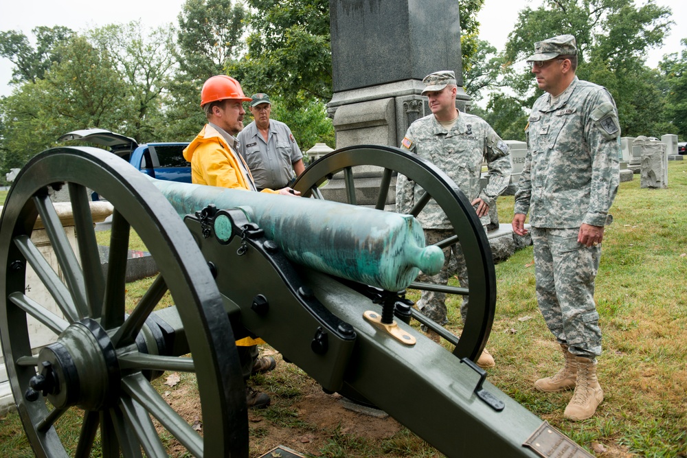 Cannon and carriage reinstalled at the gravesite of Maj. Gen. Wallace Fitz Randolph in Arlington National Cemetery