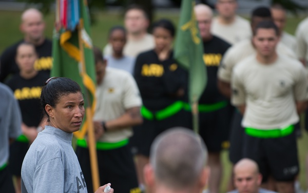 Command Sgt. Maj. Ann Sydnor speaks with troops