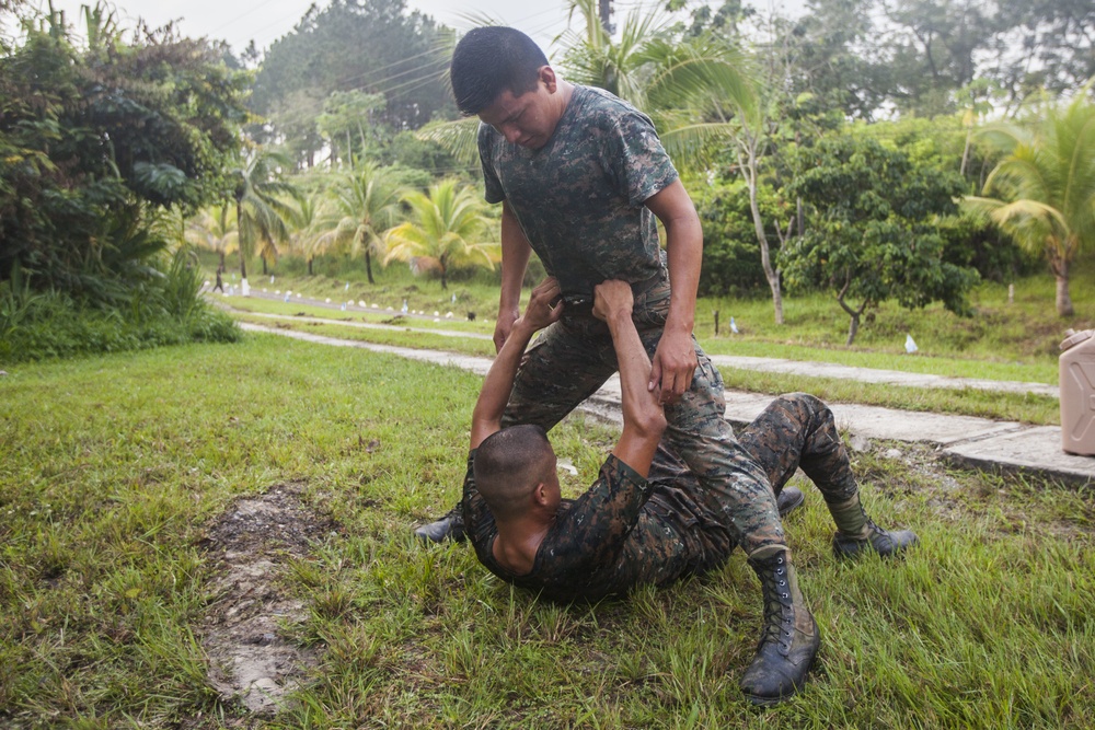 U.S. Marines with SCT-Guatemala, SPMAGTF-SC, lead the Brigada de Infanteria Marina in physical training