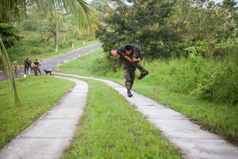 U.S. Marines with SCT-Guatemala, SPMAGTF-SC, lead the Brigada de Infanteria Marina in physical training