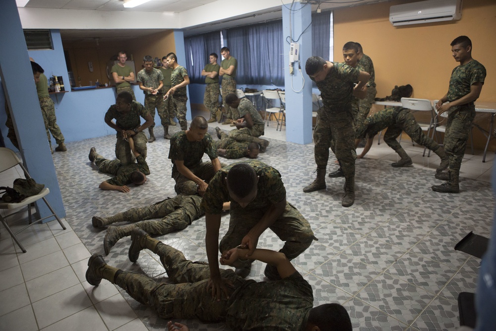 U.S. Marines with SCT-Guatemala, SPMAGTF-SC, lead the Brigada de Infanteria Marina in physical training