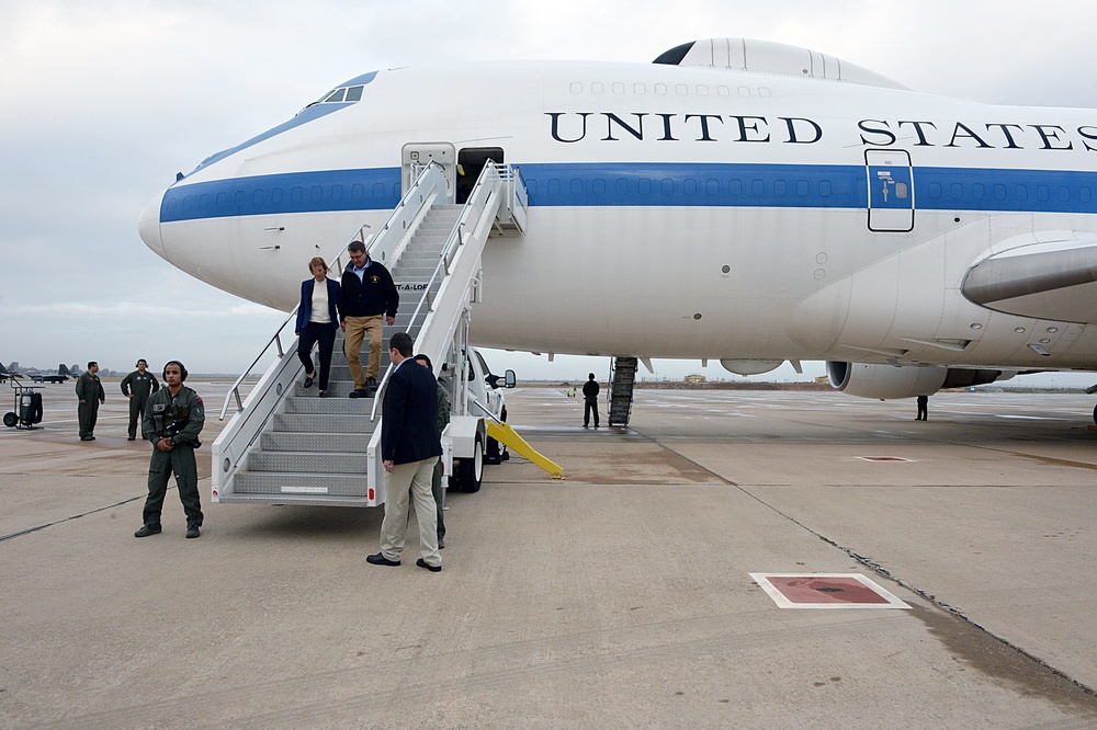 Secretary of defense and his wife Stephanie arrive at Moron Air Base