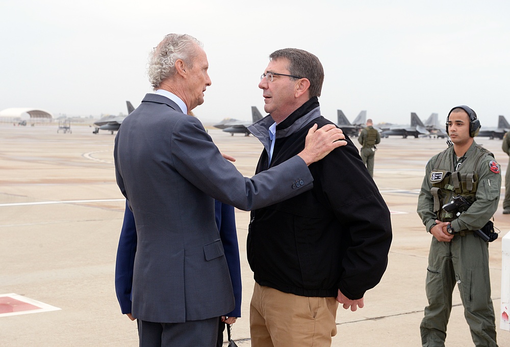 Secretary of defense is greeted by Spanish Defense Minister Pedro Morenes