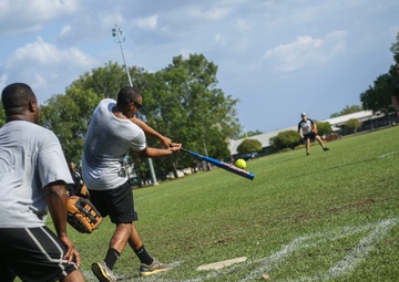 MRF-D Marines play softball near the end of their deployment