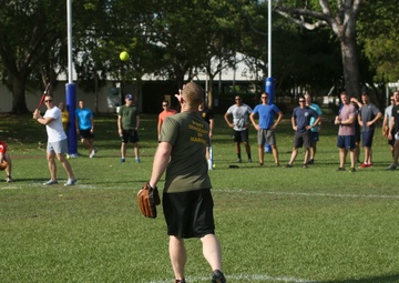 MRF-D Marines play softball near the end of their deployment