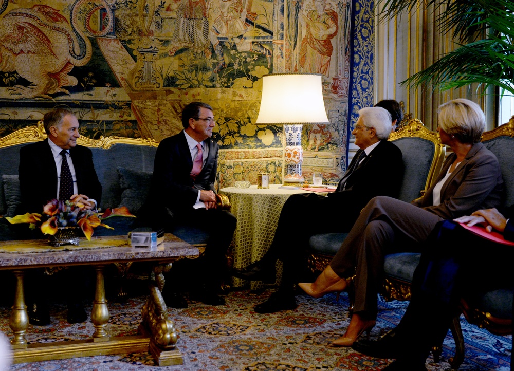 Secretary of defense meets with Italian President Sergio Mattarella and Italian Defense Minister Roberta Pinotti at the Quirinal Palace