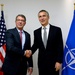 Secretary of defense shakes hands with NATO Secretary General Jens Stoltenberg