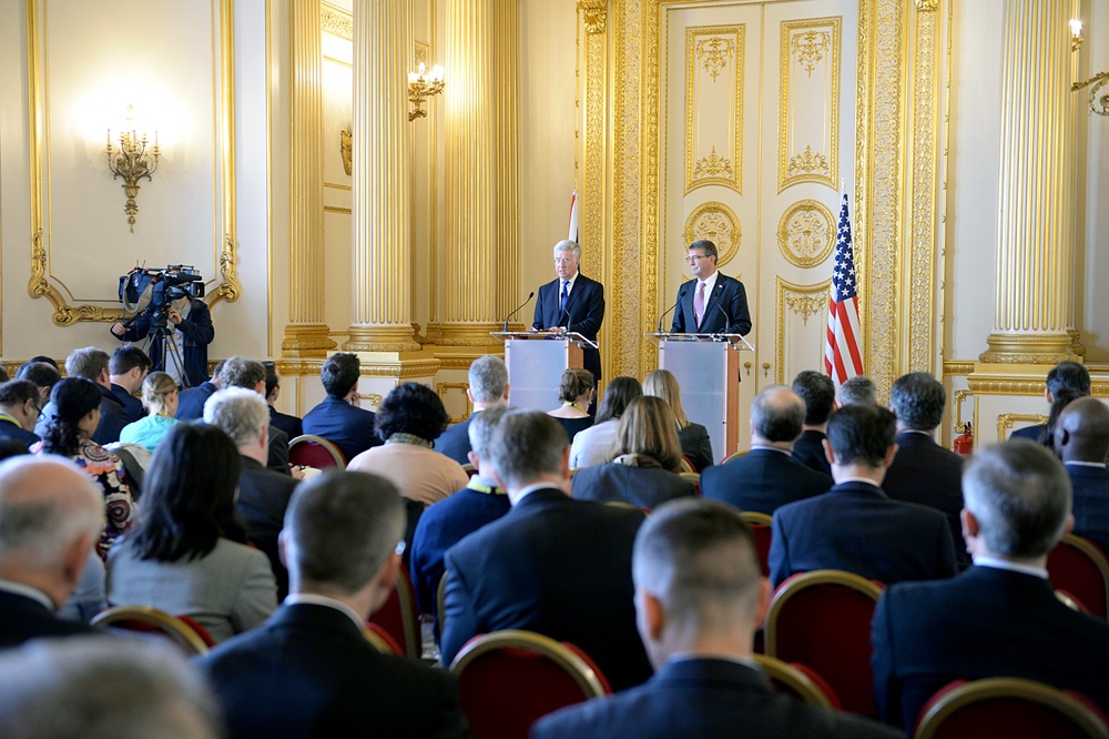 Secretary of defense and Secretary of State for Defense Michael Fallon hold a joint press conference