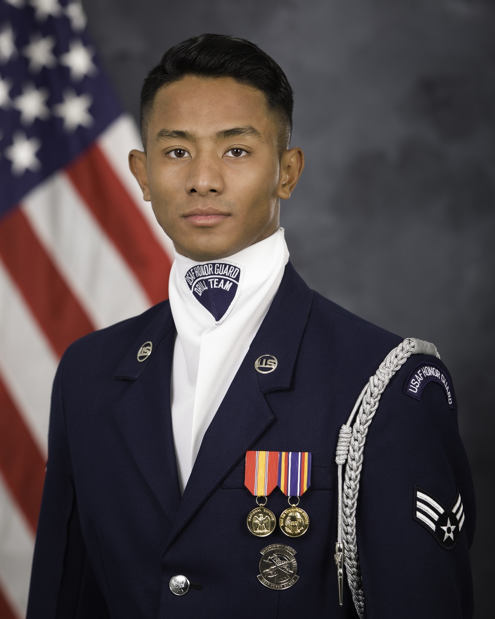 Official portrait, US Air Force Honor Guard Drill Team member, Senior Airman Myron Lam, US Air Force