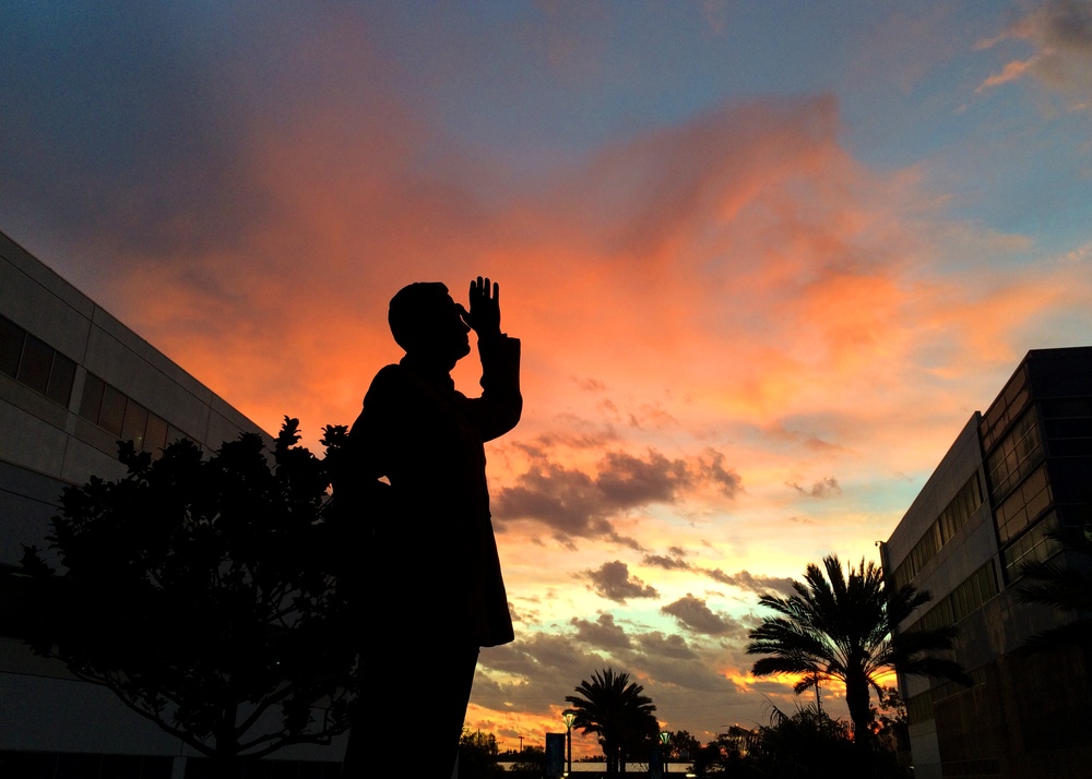 Los Angeles Air Force Base Schriever statue greets the Southern California sunrise