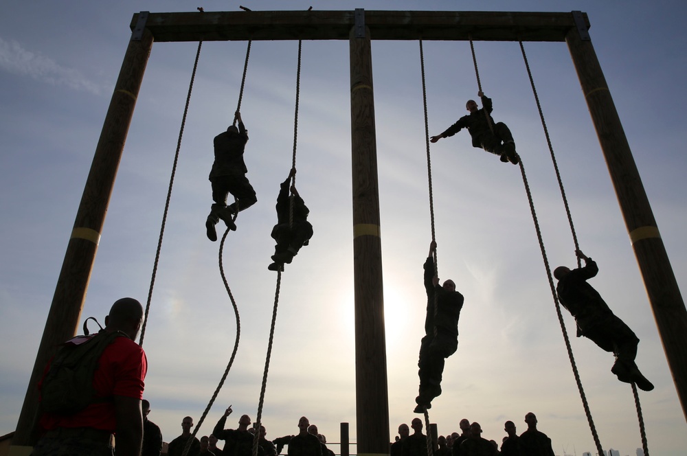 Recruits of Alpha Company are roped into Obstacle Course II