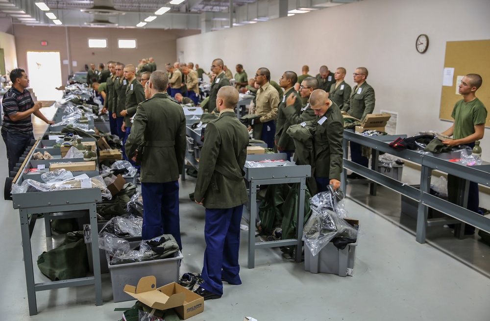 Recruits of Delta Company attend thier first uniform fitting