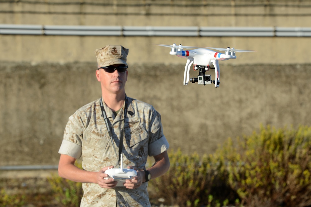 US Marine master sergeant flies a Quadcopter in Rota, Spain