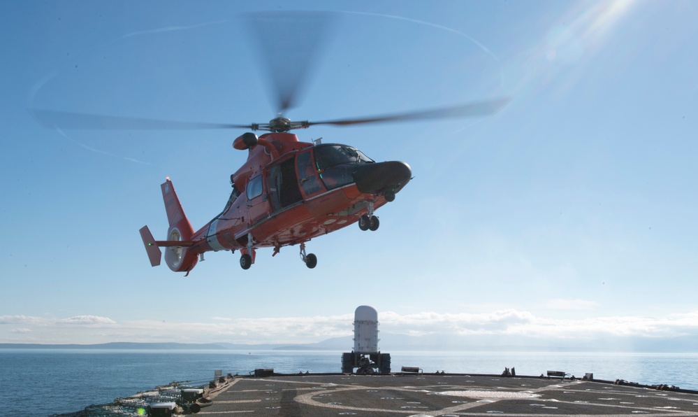 MH-65 Dolphin helicopter lands on USCGC Midgett