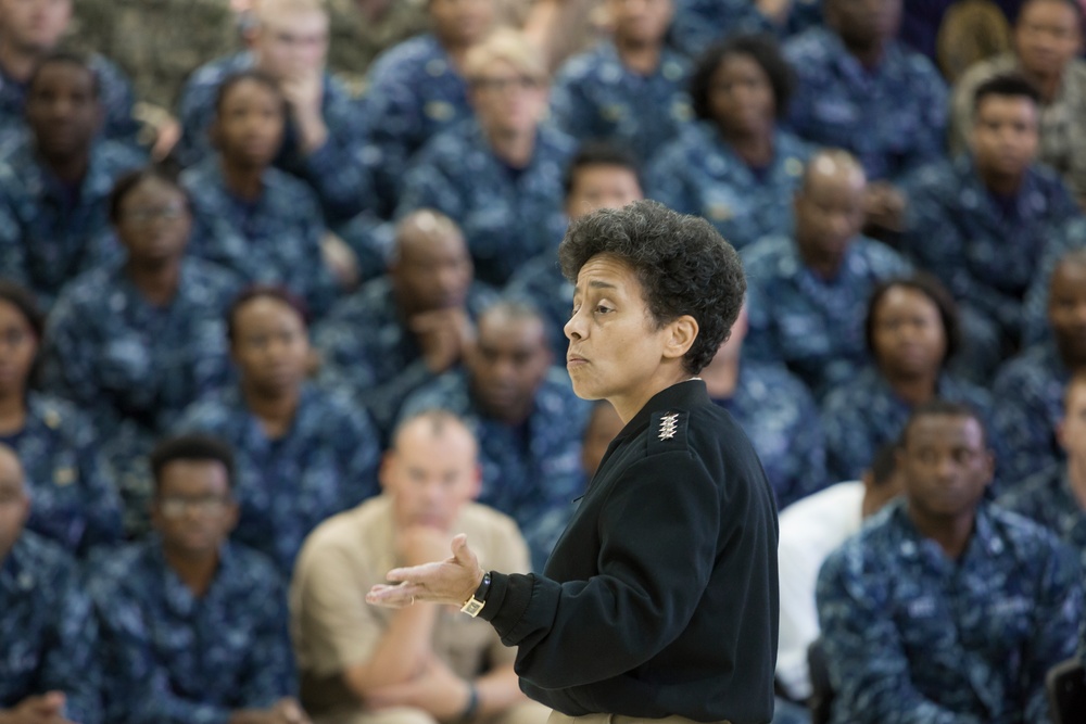 Sailors from Navy Operational Support Center Atlanta listen intently as Vice Chief of Naval Operations Admiral Michelle Howard speaks on topics ranging from cyber warfare and the dangers of cyber intrusion, to sexual assault within the ranks.