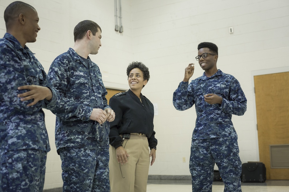 Vice Chief of Naval Operations Admiral Michelle Howard speaks during an all hands at Navy Opertional Suppport Center Atlanta