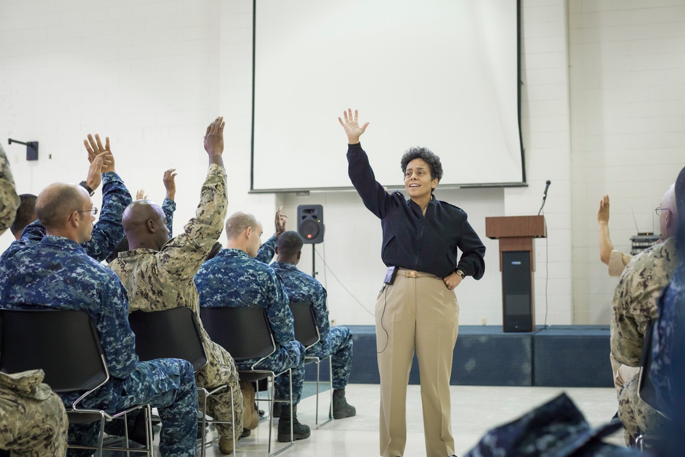 Vice Chief of Naval Operations Admiral Michelle Howard speaks during an all hands at Navy Opertional Suppport Center Atlanta