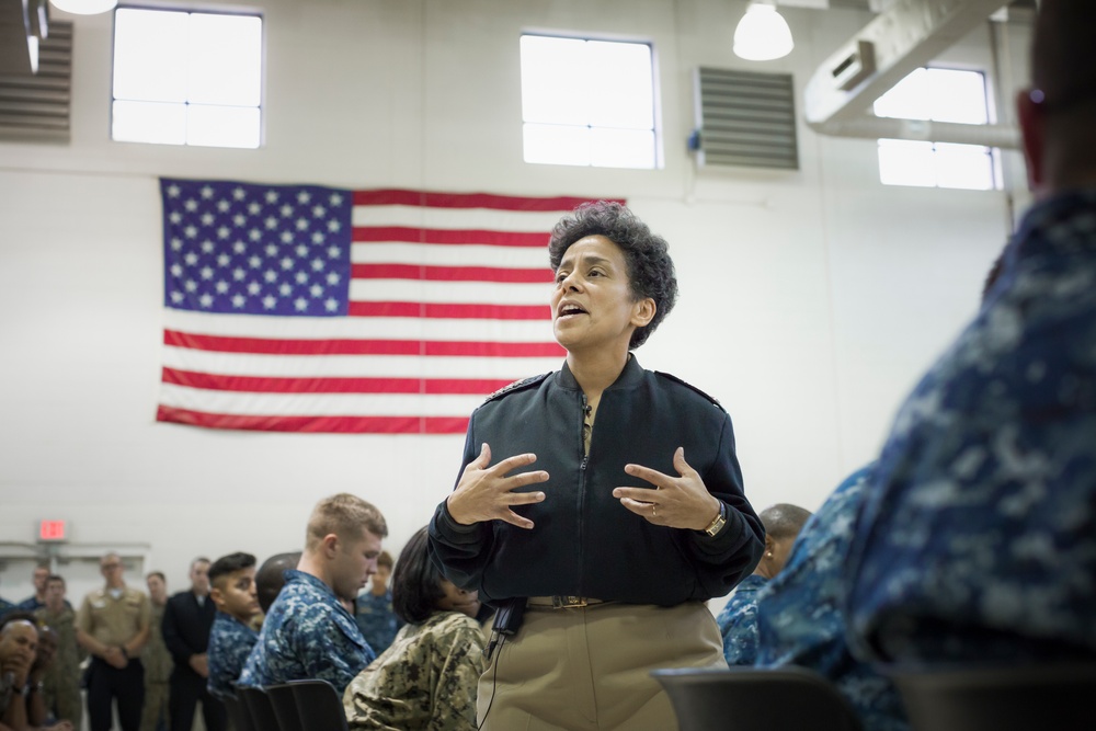 Vice Chief of Naval Operations Admiral Michelle Howard talks to sailors at Navy Operational Support Center Atlanta during her recent visit, speaking on topics that ranged from cyber warfare and the dangers of cyber intrusion, to sexual assault within the