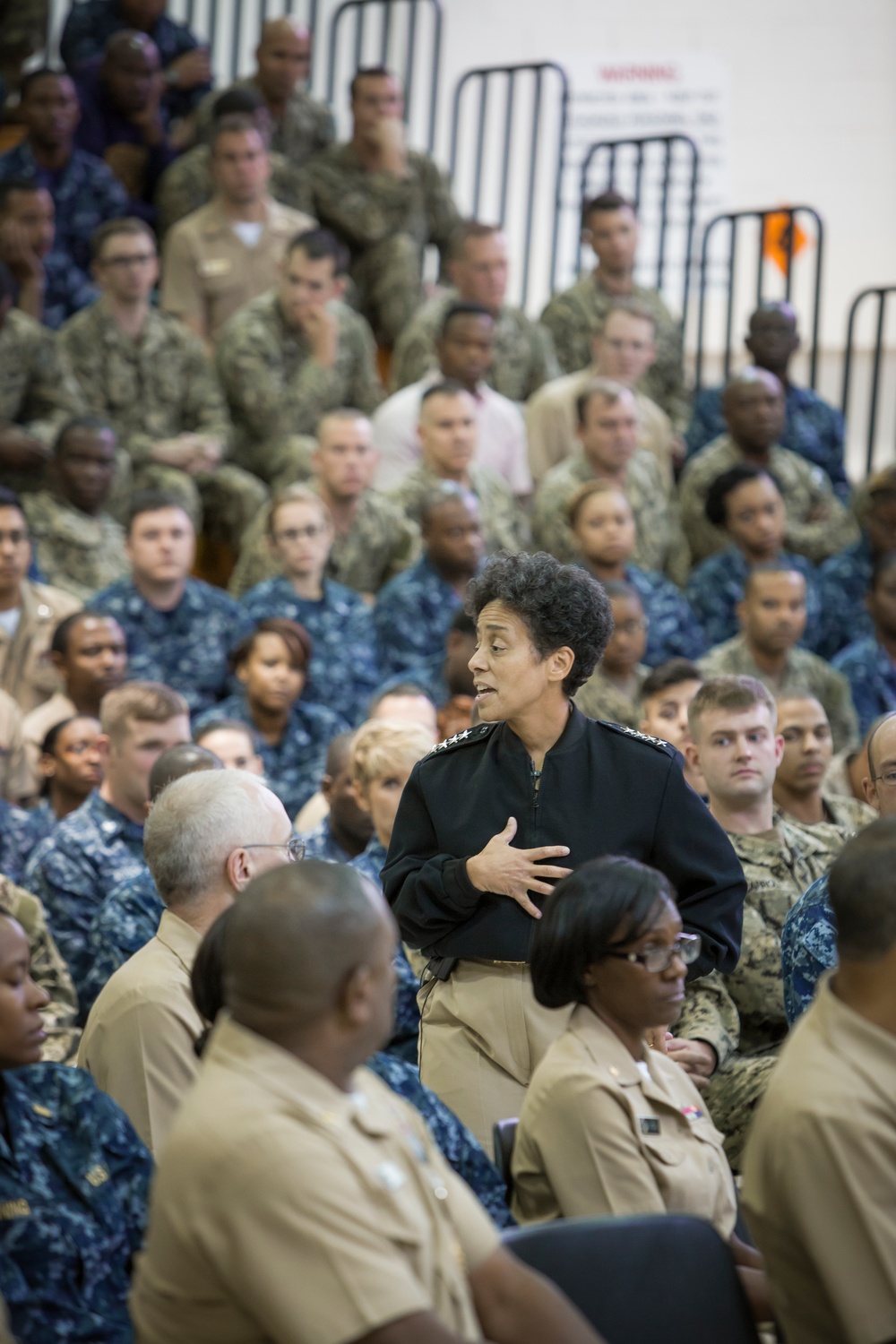 Vice Chief of Naval Operations Admiral Michelle Howard speaks during an all hands at Navy Opertional Suppport Center Atlanta