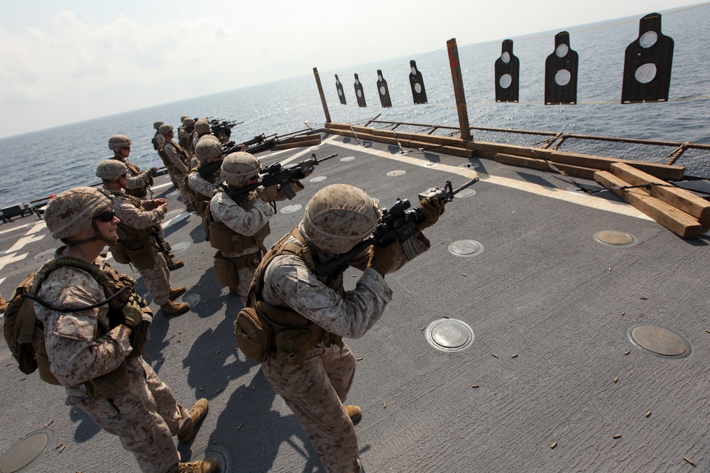 US Marines practice marksmanship at sea