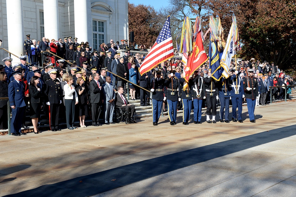 Secretary of defense renders honor during the passing of the colors at the 62nd annual national Veterans Day observance at Arlington National Cemetery